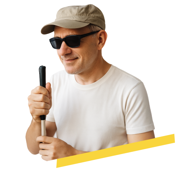 Retrato de un hombre no vidente de mediana edad, con cabello canoso corto, gorra beige y gafas oscuras. Sonríe levemente mientras sostiene su bastón guía con una mano. Viste una camiseta blanca y está frente a un fondo claro, con iluminación suave y natural que resalta su expresión tranquila y segura.