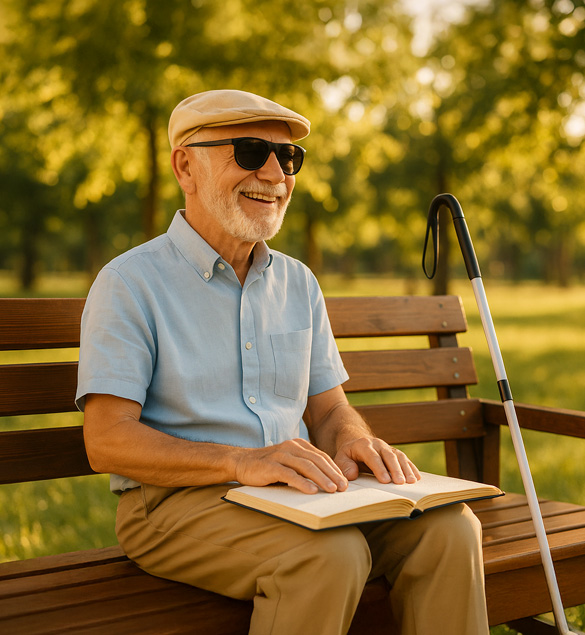 Hombre no vidente mayor sentado en un banco de madera en un parque soleado, leyendo un libro en braille con una expresión de serenidad y alegría. Lleva gafas de sol, gorra beige y camisa celeste. A su lado descansa un bastón blanco con mango negro. El entorno está bañado por la luz cálida de la tarde, con árboles desenfocados al fondo.