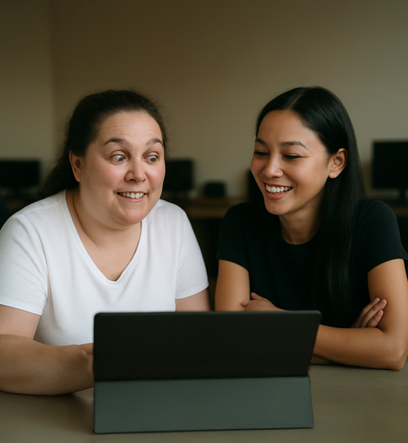 Dos mujeres sentadas frente a un laptop en una oficina, sonriendo mientras conversan. La mujer de camiseta blanca tiene estrabismo y una expresi&oacute;n amigable, mientras que la mujer con camiseta negra sonr&iacute;e ampliamente. Ambas se muestran relajadas en un entorno luminoso con un fondo desenfocado.