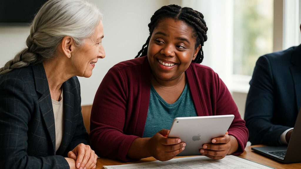 Una mujer de piel morena con cabello trenzado y un leve estrabismo sostiene una tablet mientras sonríe y conversa con una mujer mayor de cabello gris trenzado, en una oficina iluminada por luz natural. Ambas están sentadas frente a una mesa con planos y documentos, en un ambiente laboral inclusivo y colaborativo.