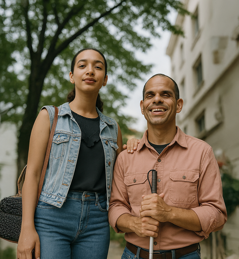 Una mujer joven con chaleco de mezclilla posa de pie junto a un hombre ciego con estrabismo que sonríe mientras sostiene un bastón guía. Ella apoya una mano en su hombro en gesto de apoyo, en un entorno urbano con árboles desenfocados de fondo.