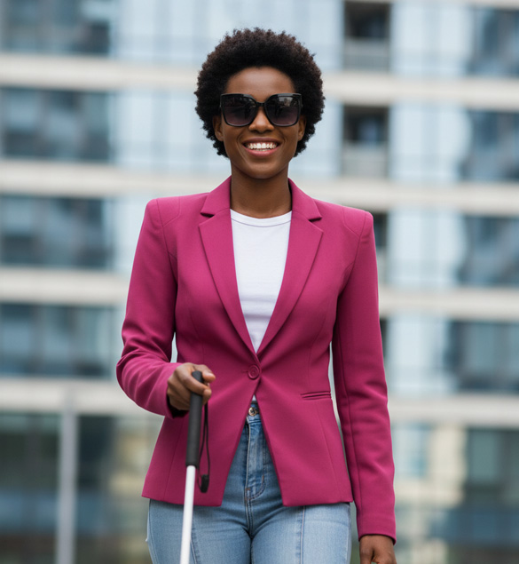 Mujer con discapacidad visual camina con confianza al aire libre, usando gafas oscuras y bastón blanco. Lleva un blazer fucsia, polera blanca y jeans, con un edificio moderno de fondo.