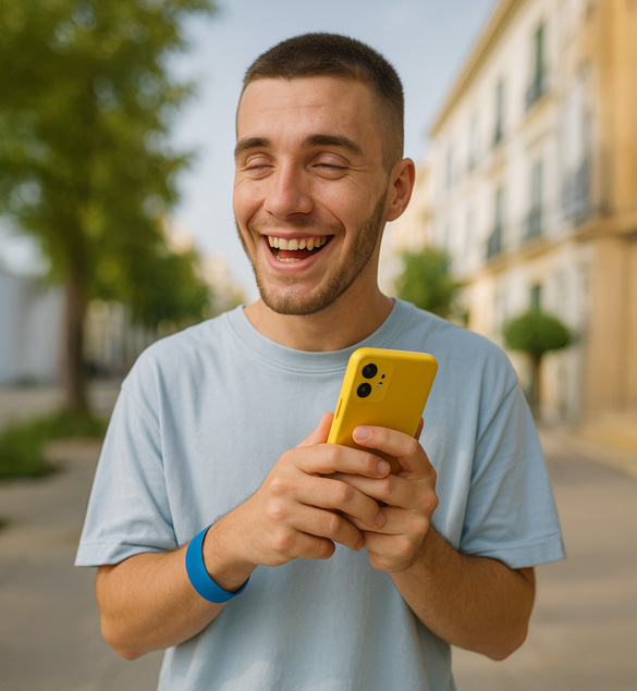Joven no vidente sonriendo mientras sostiene un teléfono amarillo con ambas manos en una calle urbana. Viste una polera celeste y una pulsera azul en la muñeca derecha. Sus ojos claros y ligeramente desenfocados reflejan su discapacidad visual. El entorno muestra árboles y edificios al fondo, con luz natural cálida.