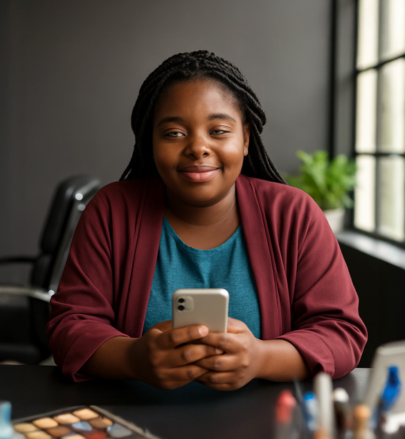 Mujer joven no vidente de piel oscura y cabello trenzado, sentada en una oficina moderna iluminada por luz natural. Sostiene un teléfono móvil con ambas manos y sonríe suavemente hacia la cámara. Viste blusa azul verdosa y chaqueta burdeos, con fondo gris y planta al costado.