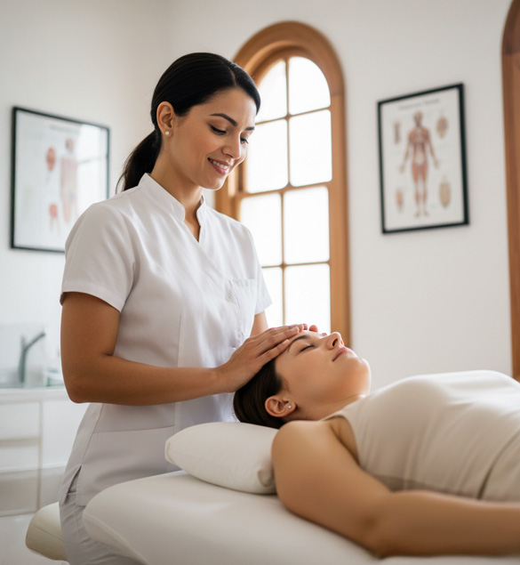 Fotografía realista de una terapeuta en uniforme blanco realizando un masaje craneal a una paciente en una camilla. La terapeuta, con una sonrisa amable, coloca sus manos suavemente sobre la cabeza de la paciente. La paciente, con los ojos cerrados y una expresión serena, lleva una camiseta sin mangas clara. La escena transcurre en una sala luminosa con grandes ventanas arqueadas de madera y paredes blancas, con pósteres anatómicos desenfocados en el fondo. La iluminación natural crea un ambiente cálido y acogedor. La toma es a nivel de la terapeuta, en un ángulo medio-cercano desde el lado izquierdo, enfocando a ambas mujeres y desenfocando el fondo para resaltar la interacción.