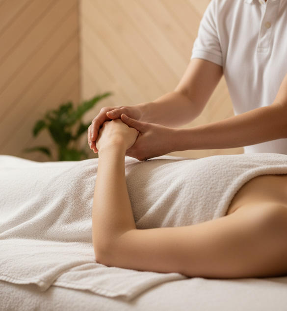 Un terapeuta de masajes en un polo blanco masajea suavemente la mano de un paciente acostado de espaldas en una camilla de spa. El paciente está cubierto con una toalla blanca, y el fondo desenfocado muestra paredes de madera clara y algo de vegetación, creando una atmósfera tranquila con iluminación cálida.