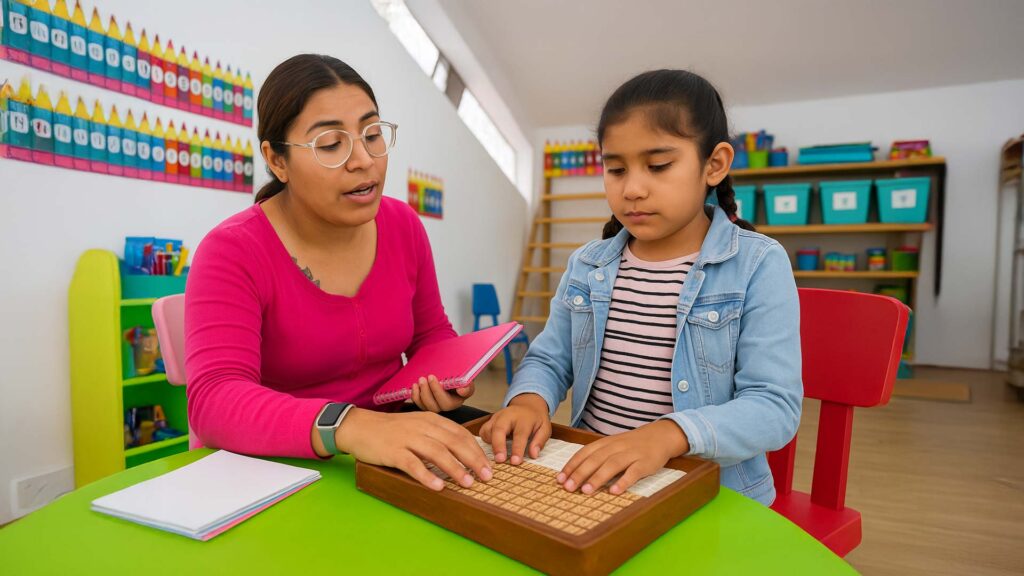Una maestra con gafas transparentes y blusa fucsia enseña a una niña con discapacidad visual en un aula colorida. Ambas trabajan sobre una mesa verde con una tabla táctil de madera. La niña, con chaqueta de mezclilla y camiseta a rayas, sigue las indicaciones mientras la maestra la guía con paciencia. El aula tiene estantes con materiales, decoraciones de lápices de colores y luz natural que entra por una ventana lateral, creando un ambiente cálido e inclusivo.