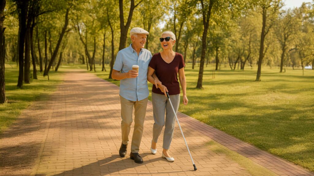 Pareja de adultos mayores paseando por un parque en un día soleado. La mujer, persona no vidente con bastón blanco, sonríe mientras camina del brazo de un hombre que sostiene café. Ambos disfrutan del paseo entre árboles y luz natural.
