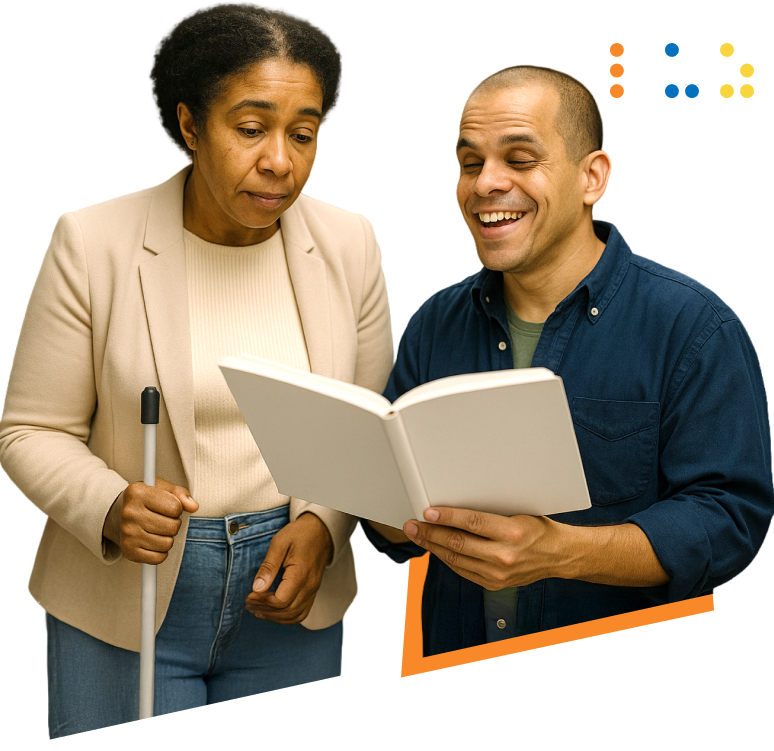 Un hombre ciego con estrabismo sonríe mientras sostiene un libro abierto en una biblioteca, acompañado por una mujer que lo observa con atención y sostiene un bastón blanco.